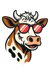 A cool cartoon cow head with stylish red sunglasses. A smiling farm animal mascot, vector illustration isolated on a white background.