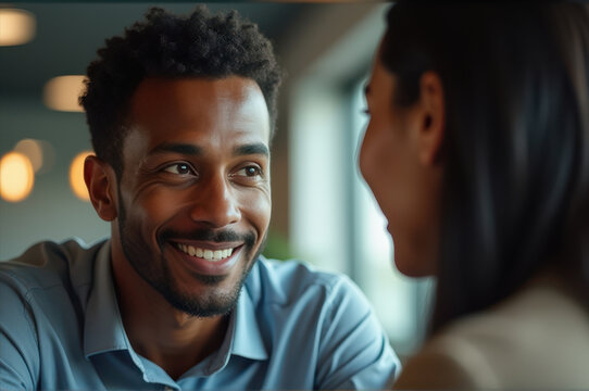 african american man and asian woman share genuine smile while engaged in conversation at cozy indoor setting. friendship, connection, social interaction. website, presentation, lifestyle - Powered by Adobe