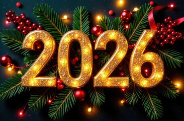 Christmas banner. Glowing 2026 on a Christmas background. New Year concept.