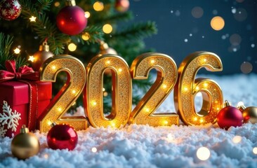 Graphic material. 3D glowing inscription 2026 and Christmas gifts.