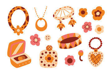 Vintage jewelry with flowers and cosmetic: A charming assortment of vintage jewelry and cosmetic with vibrant colors, including necklace, ring, earring and bracelet .
