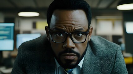 Serious Businessman Close Up Portrait, Intense Gaze, Office Setting