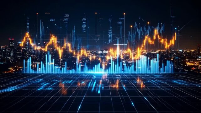 A futuristic night cityscape with glowing data visualization overlaying. Data streams, graphs, and illuminated buildings. Grid lines in foreground - Powered by Adobe