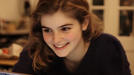 Smiling Young Woman Using Laptop Indoor Portrait