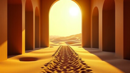 Desert landscape through arches in harsh sunlight