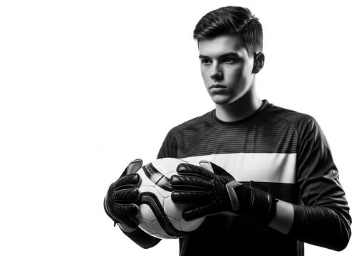 Determined young soccer goalkeeper holding a ball in a monochrome studio setting, intense focus