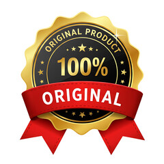 Gold seal 100 percent original product badge isolated on transparent background