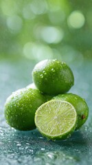 Fresh Limes With Water Droplets On Green Background. Refreshing Citrus Fruit Display