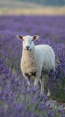 Naklejka premium Sheep Standing In Vibrant Lavender Field. Serene Rural Landscape With Farm Animal