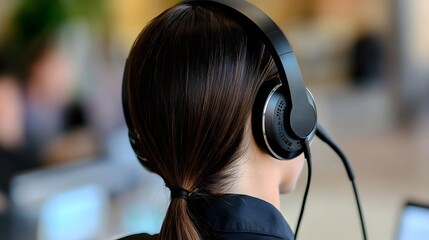 Woman Wearing Black Headphones Back View,  Office Worker Listening Music