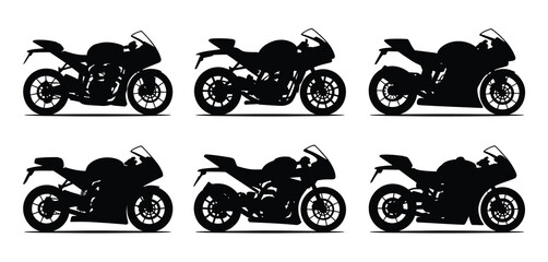 Obraz premium Collection of six black motorcycle silhouettes on a white background