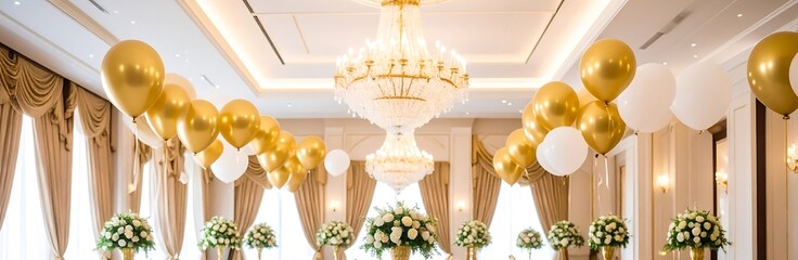 Glamorous ballroom with gold and white balloons, chandeliers, and floral centerpieces — luxury decor for wedding receptions, parties, and premium event marketing.