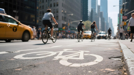 Obraz premium Close-up of a worn bicycle lane symbol on city pavement with blurred cyclists and vibrant urban life in soft daylight.