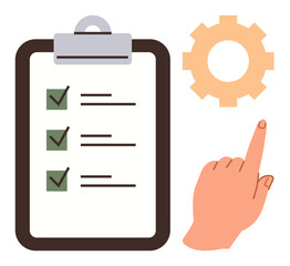 Hand gesture near gear and clipboard checklist with checkmarks, representing actions, progress, and settings. Ideal for task management, productivity, workflow, teamwork, strategy planning simple