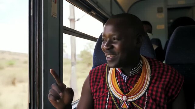 Happy African man in traditional clothing smiling and talking while traveling on a train through Kenya