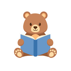 Fototapeta premium A charming cartoon bear engrossed in a book, showcasing the joy of reading. The bear sits attentively, holding the open book with a cheerful expression
