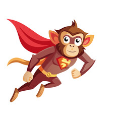 Playful monkey superhero flying in the sky with red cape cartoon vector illustration, fun animal mascot design for kids and comics