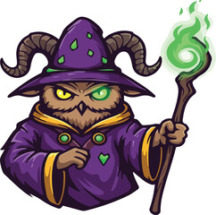 Naklejka premium Fantasy owl wizard mascot with horns and magic staff. Purple sorcerer owl character vector. Mythical bird mage illustration for gaming and esports.