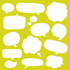 Set of various white speech and thought bubbles with different shapes on bright yellow green background | speech bubble, thought bubble, comic balloon, dialogue