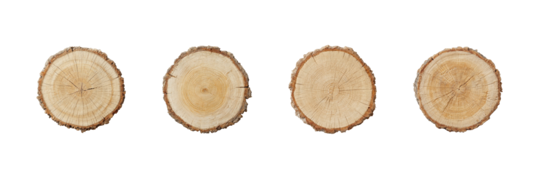 Wooden Tree Rings Cross-Section Set. Natural Growth Patterns And Age Indicators Collection Isolated On Transparent Background