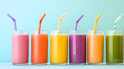 Rainbow Smoothies in Glasses with Straws Vibrant Healthy Drinks Photography