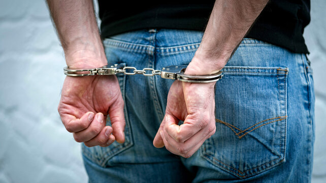 Man's hands secured in handcuffs, close-up detail showcasing law enforcement, crime, and captivity, capturing emotional impact.