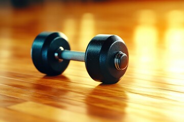 Black dumbbell rests on polished wooden gym floor, reflecting warm light of setting sun 