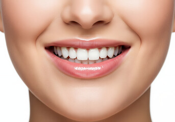 Obraz premium Close-up of a beautiful, healthy smile with perfectly white teeth and luscious pink lips