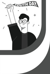 A young man character with glasses celebrating Youth Day, holding a flag. Black and white vector line art illustration for posters.