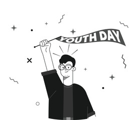 A young male character illustration celebrating Youth Day, holding a festive banner with pride.