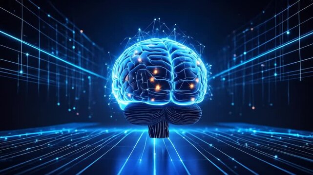 A glowing, blue human brain with a web of connections, data streams, and neon light, illustrating neural networks