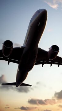 A sleek wide-body passenger jet performs a powerful golden hour takeoff from a wet runway reflecting warm, gradient sky hues. The low-angle tracking video rises with its majestic ascent, concept of