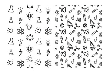 Science Seamless Patterns: A set of science-themed seamless patterns in black and white, featuring a variety of scientific symbols and illustrations, perfect for backgrounds and designs.