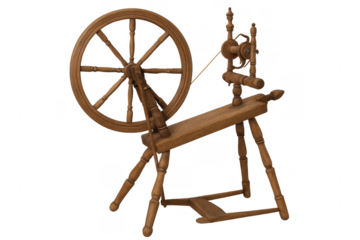 Old wooden spinning wheel isolated on transparent background