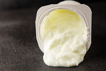 Yogurt natural dairy product Skyr fresh delicious gourmet food background on the table rustic food top view copy space keto and paleo diet vegetarian and vegan food