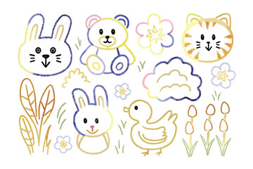 Whimsical Animal Characters: A collection of cute, illustrated animals, including rabbits, a teddy bear, a duck, and a cat, along with floral and foliage elements, all rendered in a delightful.