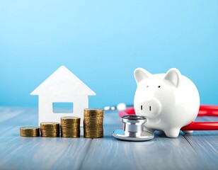 House, coins, piggy bank, stethoscope.  A still life of financial health