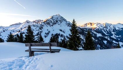 Snowy mountain vista with wooden bench