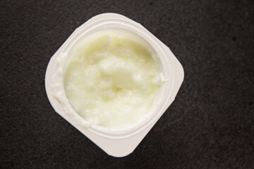 Yogurt natural dairy product Skyr fresh delicious gourmet food background on the table rustic food top view copy space keto and paleo diet vegetarian and vegan food