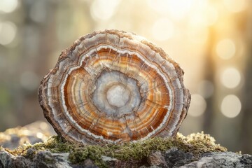 Petrified wood slice displays concentric rings, set on mossy rock with soft, natural background light.