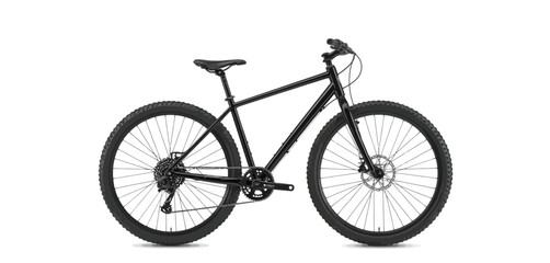 Fototapeta premium Modern black bicycle with disc brakes and wide tires on a white background