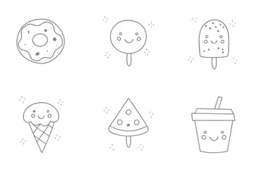 Sweet Summer Treats: An adorable ensemble of delectable summer treats, artfully crafted with an animated and cheerful illustration style. These include a donut, popsicle, ice cream cone, pizza slice.