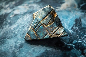 Textured triangular rock fragment with golden lines, displayed on a cloudy blue surface, suggestive of a celestial origin or ancient artifact.