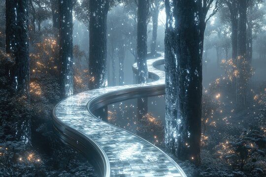 A winding, futuristic pathway leads through a mystical forest, where glowing lights illuminate the trees and ethereal fog.