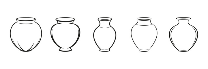 Set Of Five Vase Outlines. Minimalist Pottery Design Collection. Isolated Vector Illustration