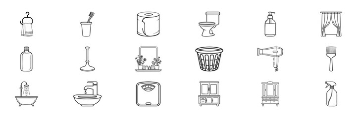 Bathroom Essentials Icon Set. Home Hygiene And Organization Collection. Isolated Vector Illustration