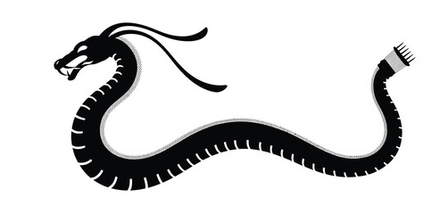 Stylized black dragon silhouette with ornate tail on white background