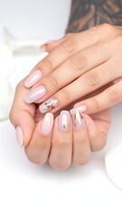 Fototapeta premium Close-up of manicured nails, light pink and gold accents