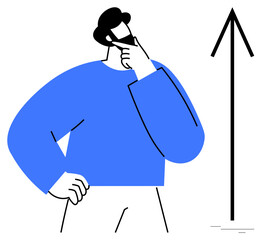 Person in thoughtful pose beside upward arrow symbolizing progress, growth, decision-making. Ideal for business, strategy, innovation, leadership, personal growth, goal-setting reflective thinking