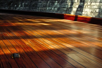 Sunlight streams across a polished wooden deck, creating striped shadows near a textured brick wall.